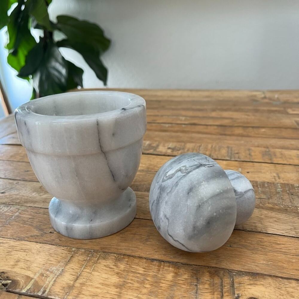 Polished Marble Mortar and Pestle Set Gray and White Heavy - Picture 2 of 12